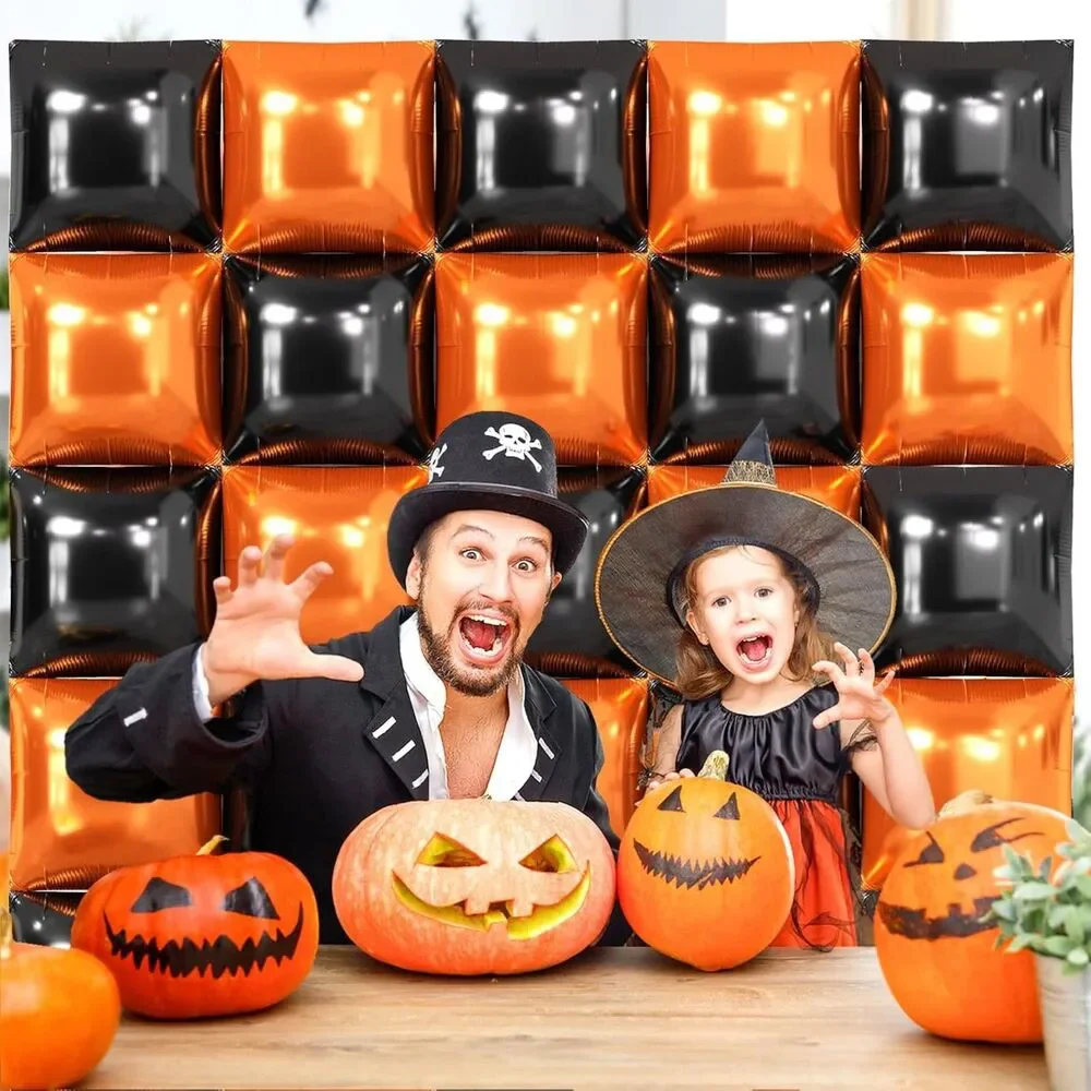 25PCS Halloween Black Orange Square Foil Balloons Wall Backdrop Double Sided